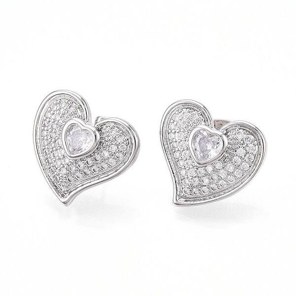 Heart Brass Pave Clear Cubic Zirconia Stud Earrings