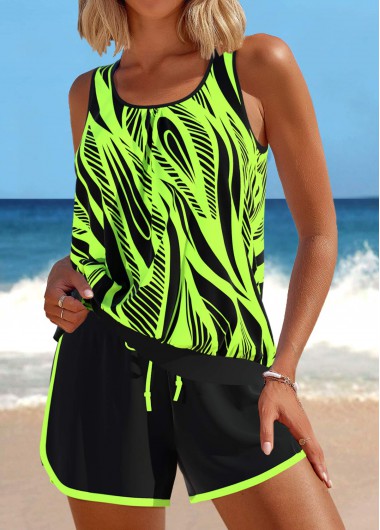 Modlily Patchwork Geometric Print Neon Green Tankini Set - XL