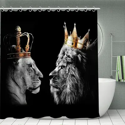 Bathroom Accessories, 4 Counts Lion Pattern Shower Curtain & Non-slip Bath Mat & U-shaped Commode Contour Rug & Toilet Lid Ma...