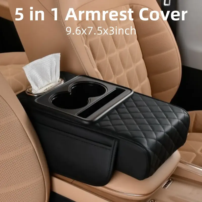 5 in 1 3 Thickening Car Armrest Cushion with Cup Holder Phone Mount Storage Bags Tissue Box Slot, Memory Cotton Leather Cen...