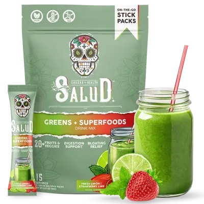 Salud 2-in-1 Greens Powder + Superfood Drink Mix Packets, 20+ Fruits and Veggies, Probiotics, Prebiotics, Supports Digestive ...