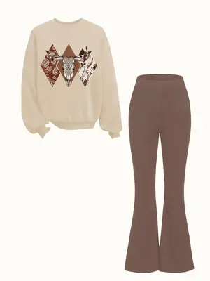 Girl's Geometric Print Sweatshirt & Flare Leg Pants Set, Casual Fashion Round Neck Long Sleeve Pullover & Bell Bottom Trouser...