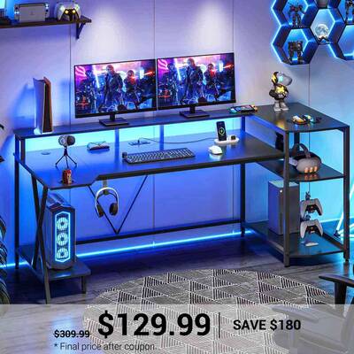 SEDETA 70.8 Inch LED Gaming Desk Ergonomic Table with Monitor Stand and Power Outlets White Home Office Furniture