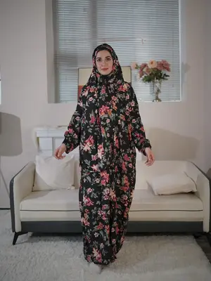Women's Floral Print Long Sleeve Maxi Prayer Dress with Scarf, Elegant Bishop Sleeve Long Robe, Muslim Clothing for All Seaso...