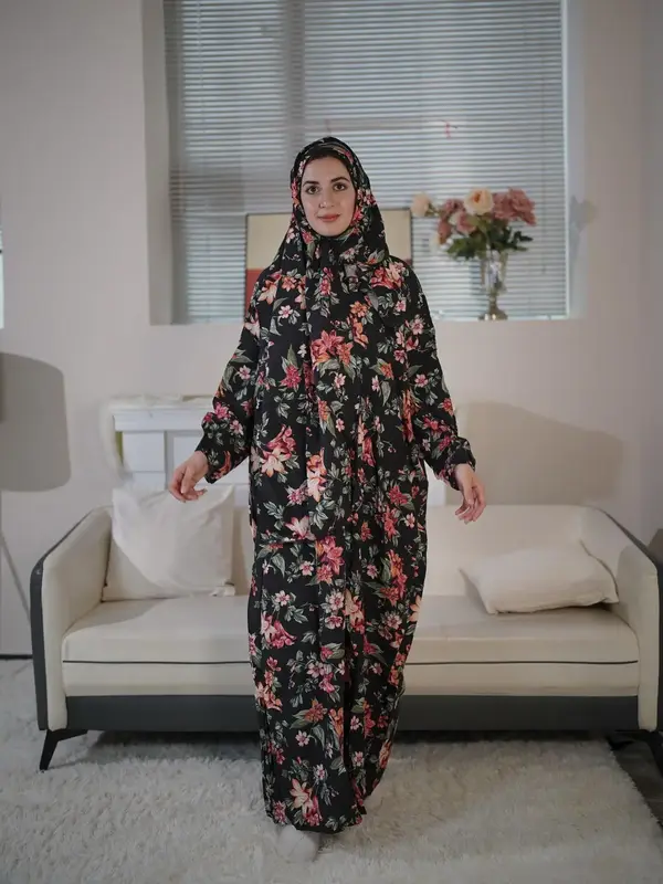Women's Floral Print Long Sleeve Maxi Prayer Dress with Scarf, Elegant Bishop Sleeve Long Robe, Muslim Clothing for All Seaso...