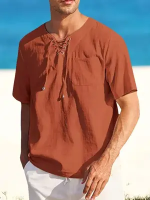 Casual Linen Style V Neck Shirts (US Only), Orange Red / XXXL