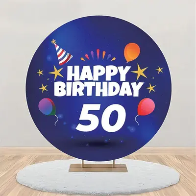 Balloon Gold Stars Blue Round 50th Birthday Backdrop - Aperturee