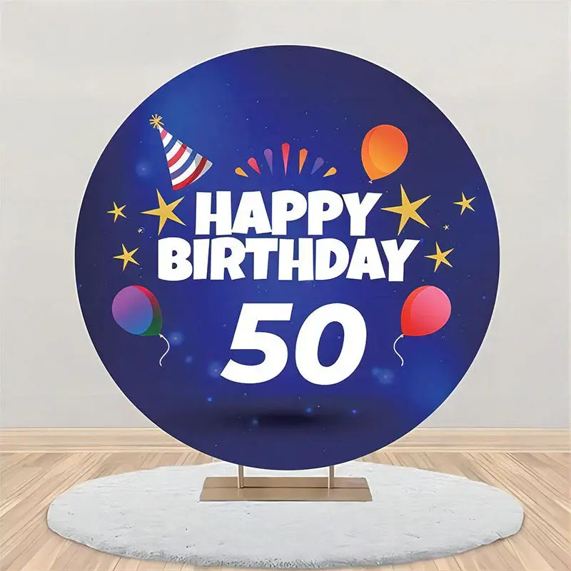 Balloon Gold Stars Blue Round 50th Birthday Backdrop - Aperturee