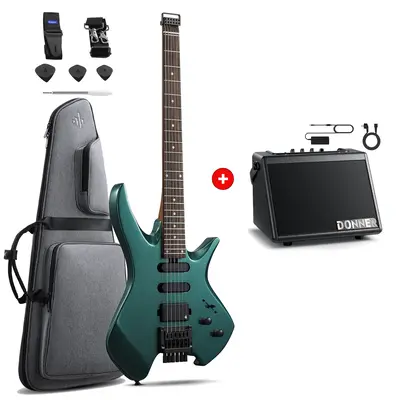 Donner HLX-500 Headless Electric Guitar - Green / Guitar+Amplifer