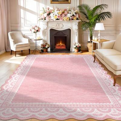Garvee 9x12 Scalloped Pink Rug Non-Slip Low Pile Stain Resistant Faux Wool Soft Durable Indoor Living Room Bedroom