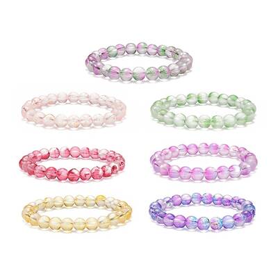 7Pcs 7 Color Bling Glass Round Beaded Stretch Bracelets Set for Women