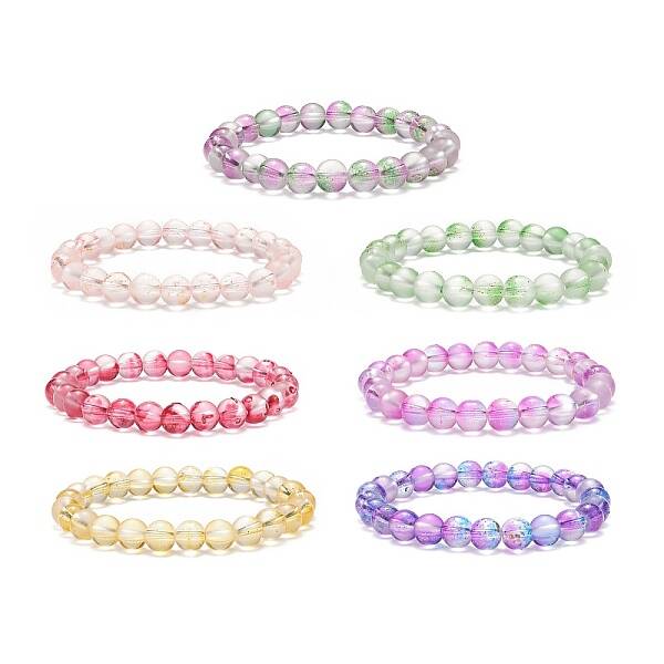 7Pcs 7 Color Bling Glass Round Beaded Stretch Bracelets Set for Women