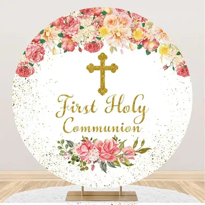 Pink Floral First Holy Communion Baptism Backdrop