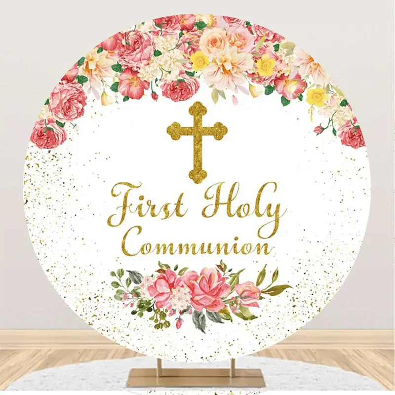 Pink Floral First Holy Communion Baptism Backdrop