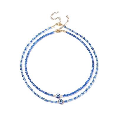 2Pcs 2 Style Resin Evil Eye & Glass Seed Beaded Necklaces Set for Women