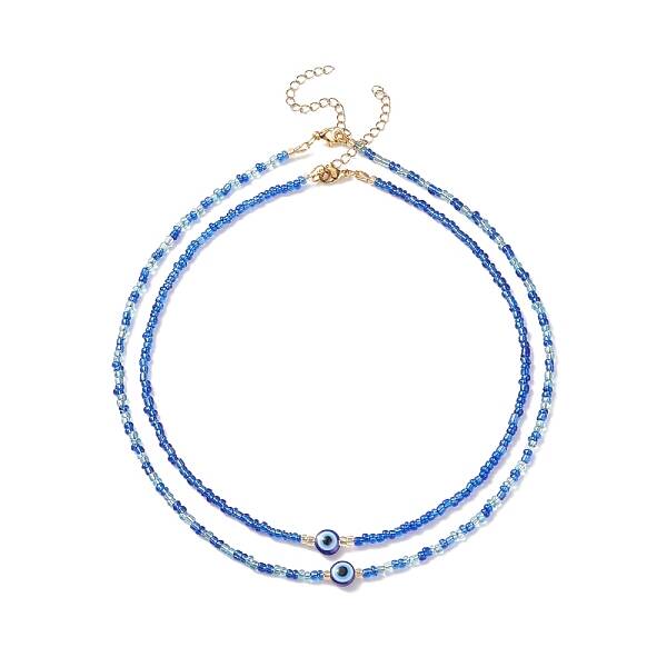 2Pcs 2 Style Resin Evil Eye & Glass Seed Beaded Necklaces Set for Women