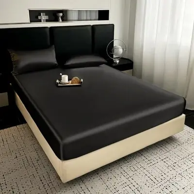 Solid Color Satin Fitted Sheet Set (1 Fitted Sheet + 2 Pillowcases) without Filler, 3 Counts Luxurious and Silky, Fits Up To ...