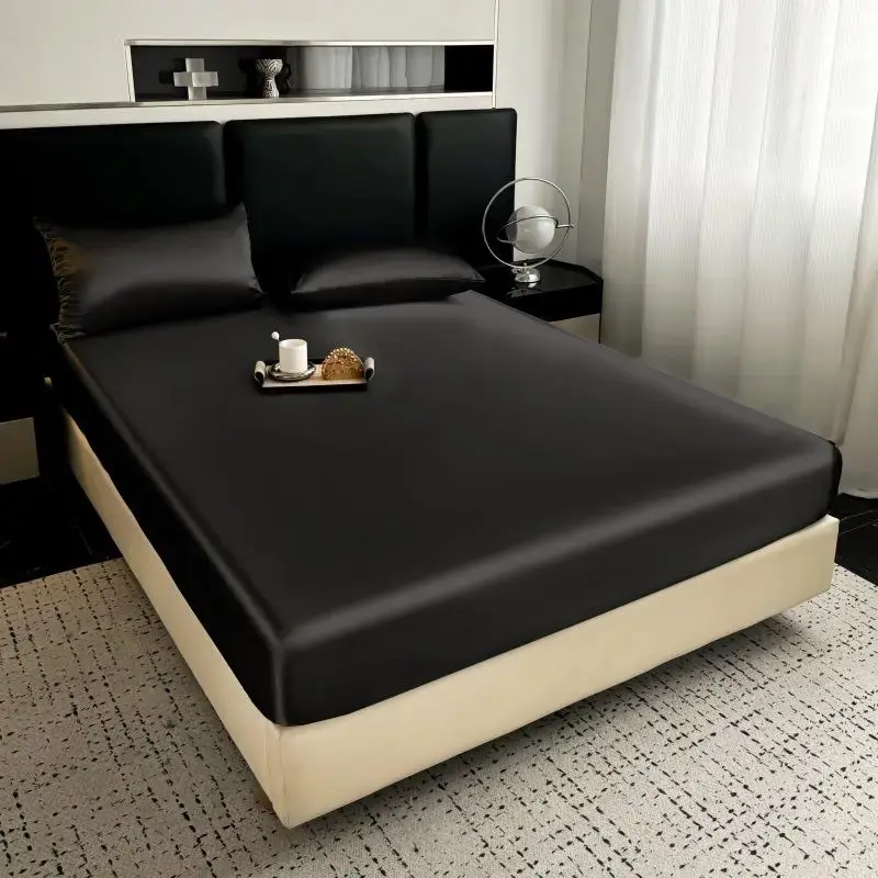 Solid Color Satin Fitted Sheet Set (1 Fitted Sheet + 2 Pillowcases) without Filler, 3 Counts Luxurious and Silky, Fits Up To ...