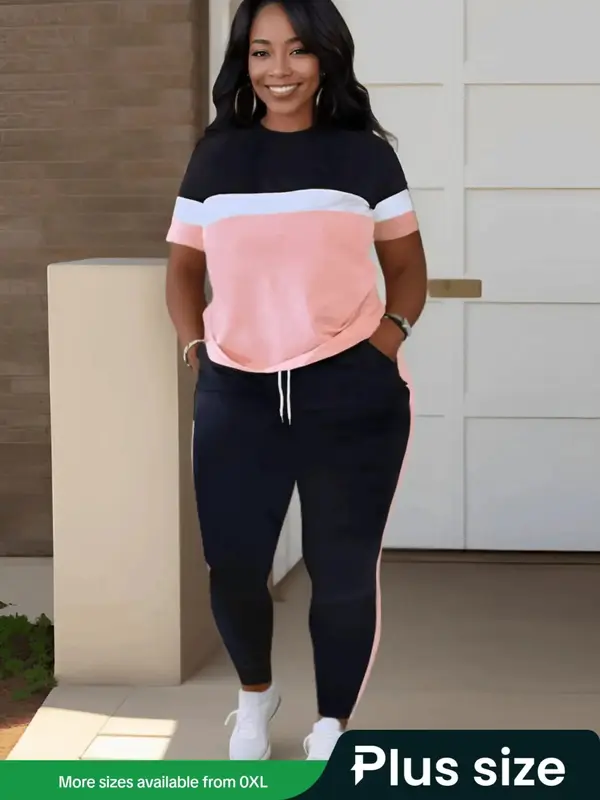 【Plus Size】 Lovelywholesale Two-piece Set Women's Colorblock Drawstring Pants Set, Casual Relaxed Short Sleeve T-shirt & ...
