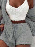 Women's Solid Color Plush Three-piece Pyjama Set, Fluffy Pajamas, Casual Comfy V Neck Crop Cami Top & Hooded Coat & Tie Front...
