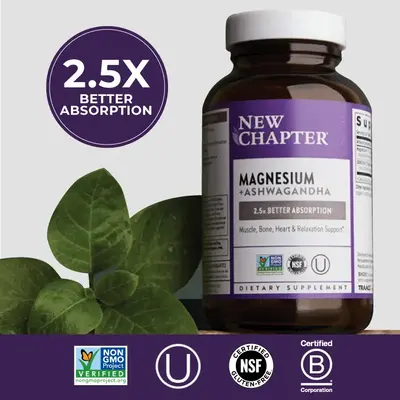 New Chapter Magnesium + Ashwagandha Supplement | 325 mg Magnesium Glycinate, 2.5x Absorption, Muscle Recovery, Heart, Bone He...