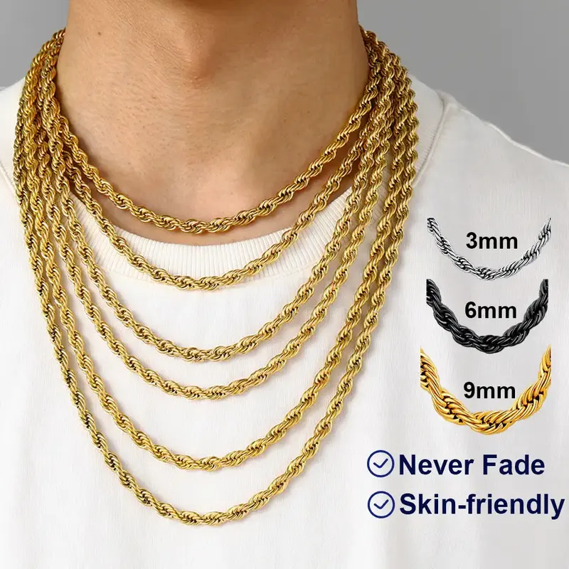 U7 Twist Rope Chain Necklace Daily Casual Punk Hypoallergenic No Tarnish Unisex Stackable Stainless Steel 3/6/9mm Chain Neckl...
