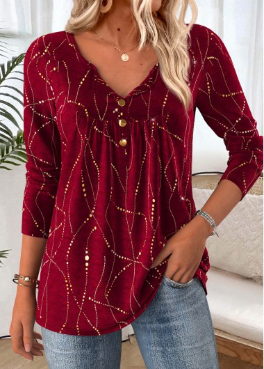 Modlily Wine Red Tummy Coverage Geometric Print T Shirt - XXL