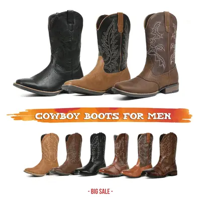 CYNLLIO Cowboy Boots for Men Square Toe Mens Western Work Boots Synthetic Leather Mid Calf Embroidered Chunky Heel Shoes Rivo...