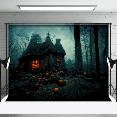 Gloomy Deserted Cabin Tree Pumpkin Halloween Backdrop - Aperturee