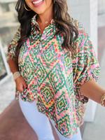 Women's Abstract Print Half Sleeve Button Shirt, Casual Loose Blouse Top for Daily Wear, Ladies Clothes for All Seasons