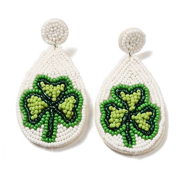 Saint Patrick's Day Glass Seed Beaded Dangle Stud Earrings
