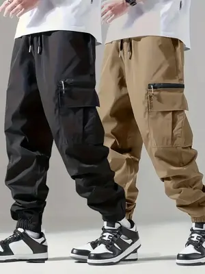Men's Solid Flap Pocket Drawstring Waist Cargo Pants, Casual Elastic Waist Trousers for Outdoor Daily Wear, Fashion Men's Bot...