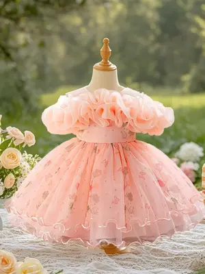 Toddler Girl's Floral Print Lace Trim Sweater Dress, Elegant Romantic Ruffle Layered Sleeve Knit Dress for Party Wedding Gues...