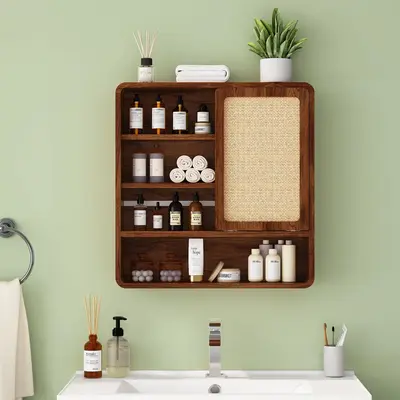 Giratree Wall Bathroom Cabinet with Flax Sliding Door, Wood Medicine Cabinet with Adjustable Shelf, Hanging Cabinet for Bathr...