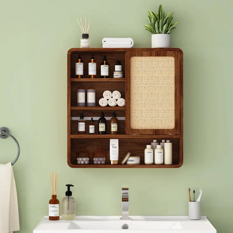 Giratree Wall Bathroom Cabinet with Flax Sliding Door, Wood Medicine Cabinet with Adjustable Shelf, Hanging Cabinet for Bathr...
