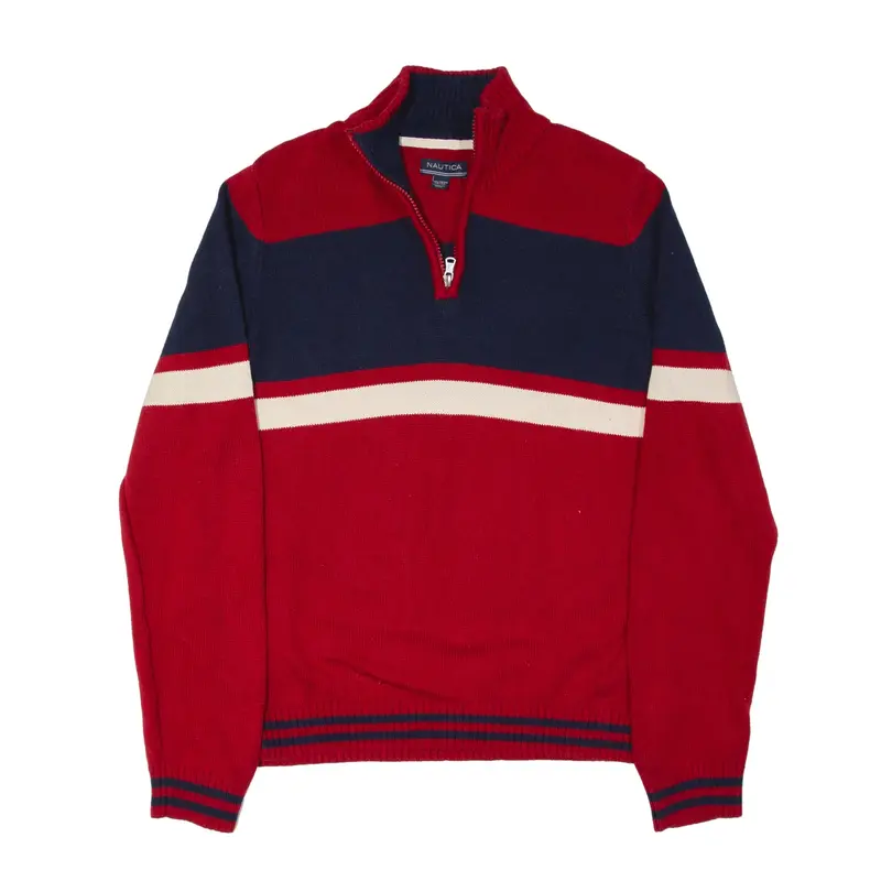 NAUTICA Jumper Red Striped Chunky Knit 1/4 Zip Boys XL
