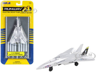 Grumman F-14 Tomcat Fighter Aircraft Silver Metallic United States Navy VF-84 Jolly Rogers with Runway Section Diecast Mode...