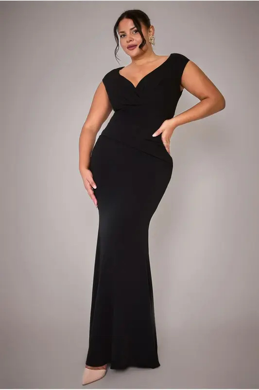 Goddiva Plus Bardot Pleated Maxi Dress - Black