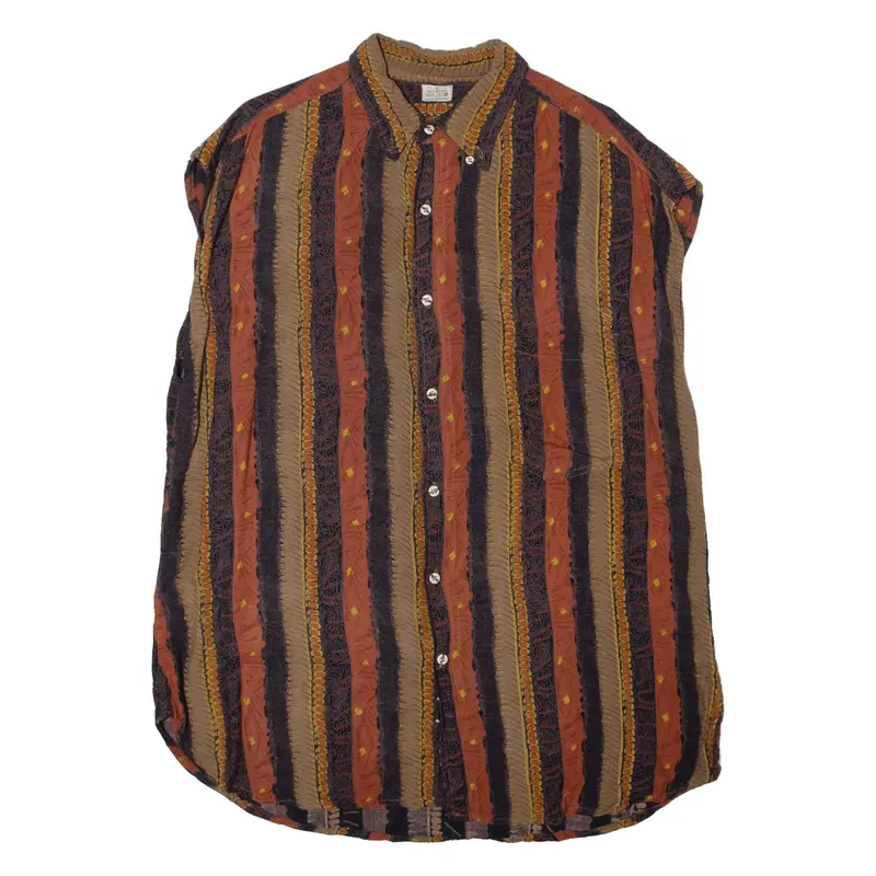 Mens Shirt Brown Viscose Striped Sleeveless L