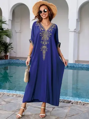 Women's Ethnic Pattern Batwing Sleeve Tunic Dress, Elegant Half Sleeve V Neck Long Dress for Daily Wear, Women's Clothing for...