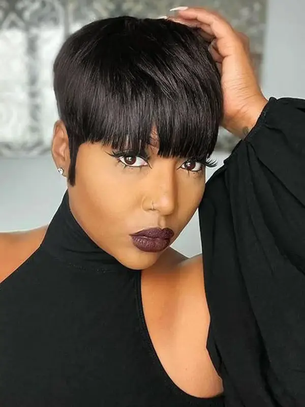 10 Inch Short Straight Pixie Cut Human Hair Wig with Bangs, Natural Looking Gorgeous Fluffy Human Hair Wigs for Women, Human ...