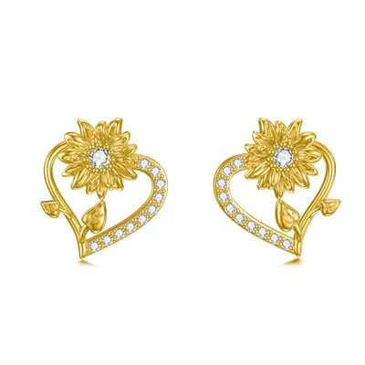 14K Gold Cubic Zirconia Sunflower & Heart Stud Earrings