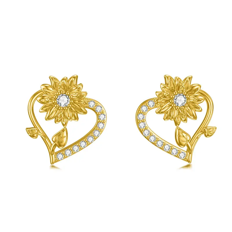 14K Gold Cubic Zirconia Sunflower & Heart Stud Earrings