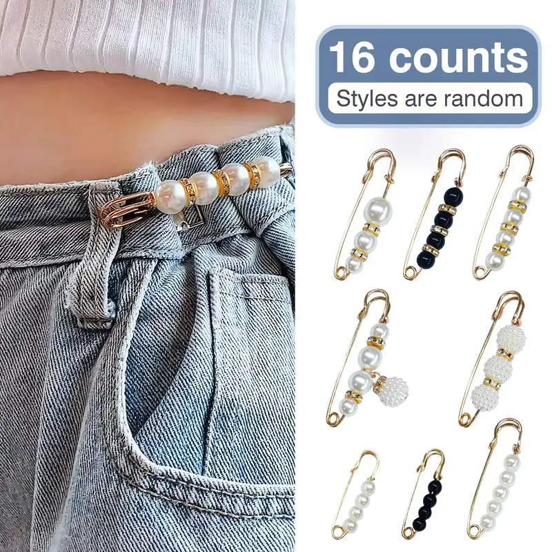 16 Counts Pearl Brooch Pins, No Sewing Fasteners for Sweater Shawl Cardigan Collar, Faux Pearl Clothing Dresses Decoration Pa...