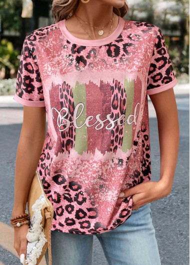 Modlily Pink Patchwork Leopard Short Sleeve T Shirt - XL