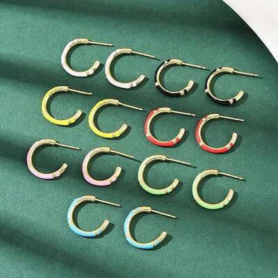C-Shaped Brass Enamel Stud Earrings