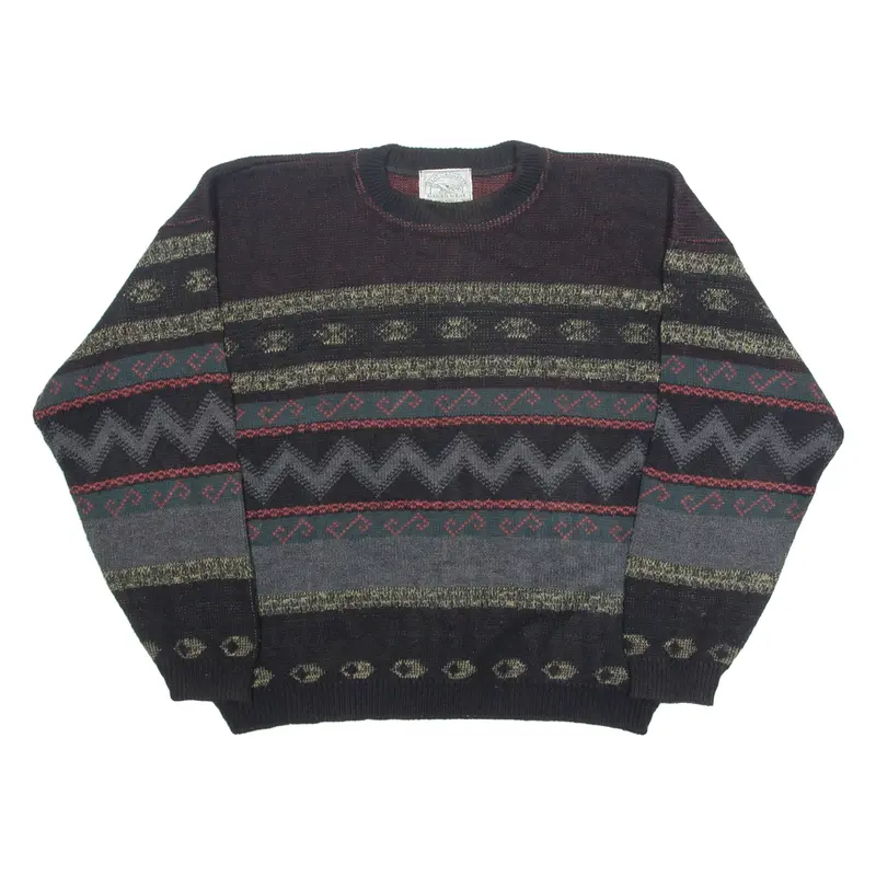 GREAT CANADIAN Mens Patterned Jumper Black Geometric 90s Tight Knit XL