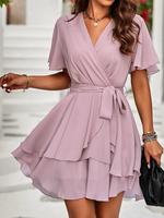 Women's Plain Tiered Layer Wrap A Line Vintage Dress, Boho Soft Belted Zipper Short Dress for Summer, Ladies Clothes for Beac...