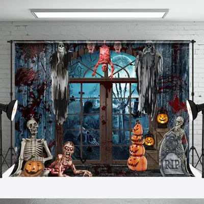 Aperturee Horror Bloody Skeleton Haunted Halloween Backdrop - Aperturee