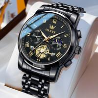 【dealsforyoudays】OLEVS Men Skeleton Watches Stainless Steel Analog Quartz Moon Phase Male Watch